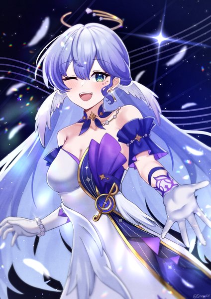 Anime picture 2481x3507 with honkai: star rail honkai (series) robin (honkai: star rail) nassss single long hair tall image looking at viewer blush fringe highres breasts open mouth smile hair between eyes bare shoulders cleavage purple hair one eye closed aqua eyes