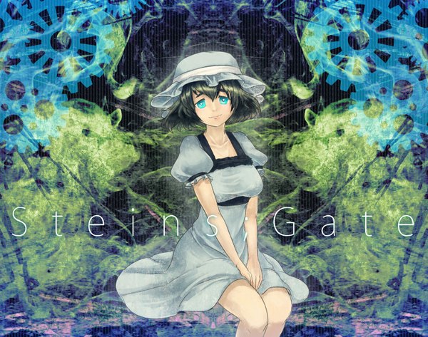 Anime picture 1500x1184 with steins;gate white fox shiina mayuri kitayuki kajika single looking at viewer short hair blue eyes black hair smile sitting inscription girl dress hat gears