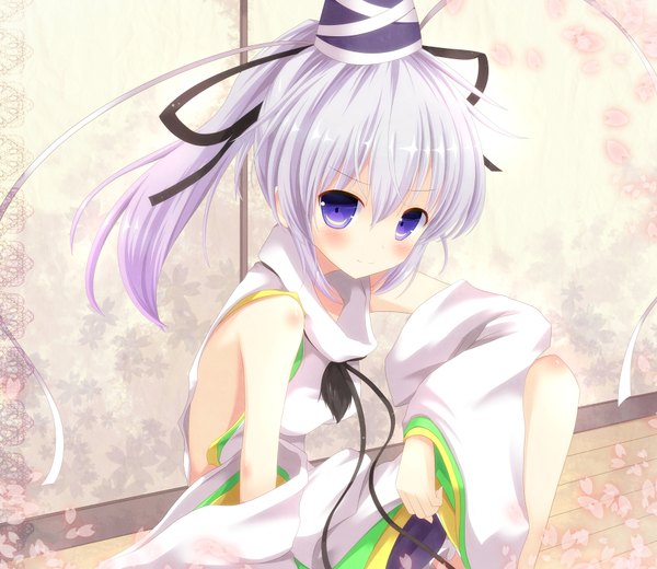 Anime picture 1772x1536 with touhou mononobe no futo aibumi single long hair looking at viewer blush highres purple eyes bare shoulders white hair girl hat detached sleeves petals
