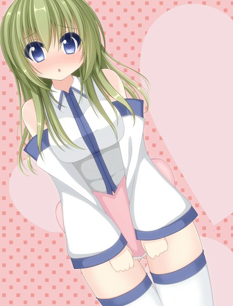 Anime picture 1200x1578 with touhou kochiya sanae chimunge single long hair tall image looking at viewer blush blue eyes green hair girl thighhighs detached sleeves white thighhighs