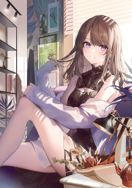 Anime-Bild 1200x1697 mit original necomi (gussan) single long hair tall image looking at viewer blush fringe smile brown hair sitting purple eyes bare shoulders bent knee (knees) indoors long sleeves parted lips sunlight off shoulder open clothes