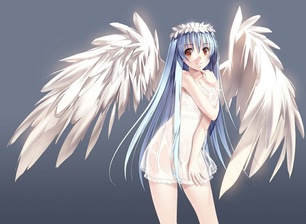 Anime picture 1132x830 with original joeian (artist) single long hair blush brown eyes blue hair cleavage grey background angel girl wings