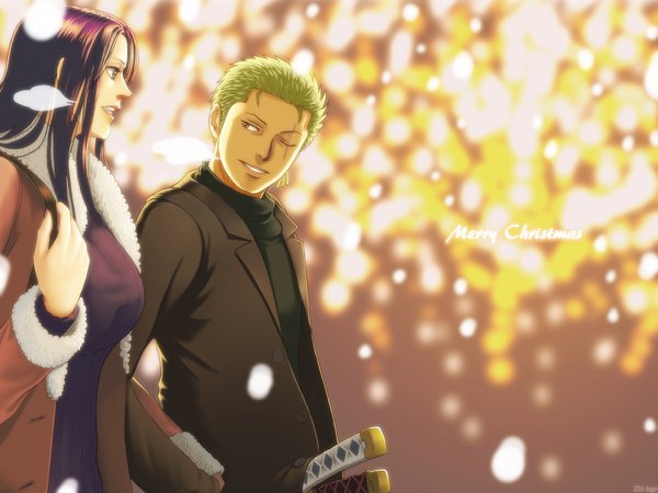 Anime picture 1200x900 with one piece toei animation nico robin roronoa zoro dugan long hair short hair open mouth black hair smile brown eyes signed looking away upper body long sleeves nail polish parted lips profile one eye closed green hair