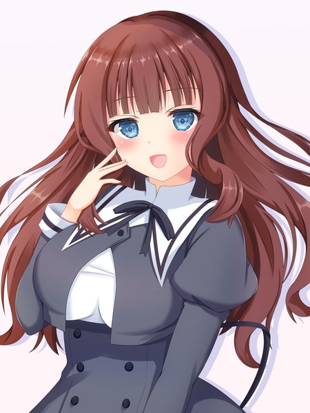 Anime-Bild 1125x1500 mit assault lily kaede johan nouvel nao (naobinarydigit) single long hair tall image blush fringe open mouth blue eyes simple background brown hair white background upper body blunt bangs :d girl