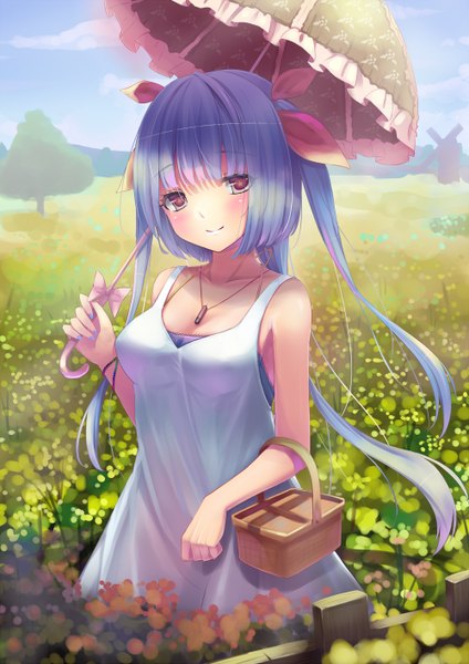 Anime picture 1000x1414 with kantai collection i-19 submarine sonikey0 0 single long hair tall image looking at viewer blush red eyes blue hair light smile girl dress flower (flowers) bow plant (plants) hair bow tree (trees) umbrella sundress