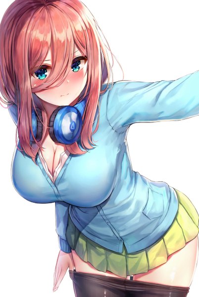 Anime picture 822x1227 with go-toubun no hanayome nakano miku motokonut single long hair tall image looking at viewer blush fringe breasts blue eyes light erotic simple background hair between eyes large breasts standing white background payot pink hair cleavage