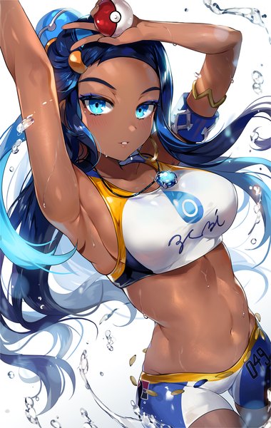 Anime picture 900x1418 with pokemon pokemon (game) pokemon swsh nintendo nessa (pokemon) gijang single long hair tall image looking at viewer blush breasts blue eyes light erotic simple background large breasts standing white background holding blue hair