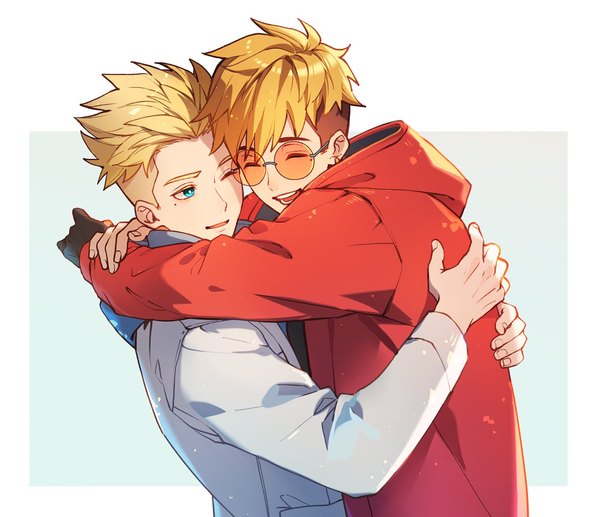 Anime picture 1500x1293 with trigun trigun stampede vash the stampede millions knives natural wind short hair open mouth blue eyes blonde hair upper body eyes closed one eye closed mole multiple boys hug mole under eye border happy siblings outside border