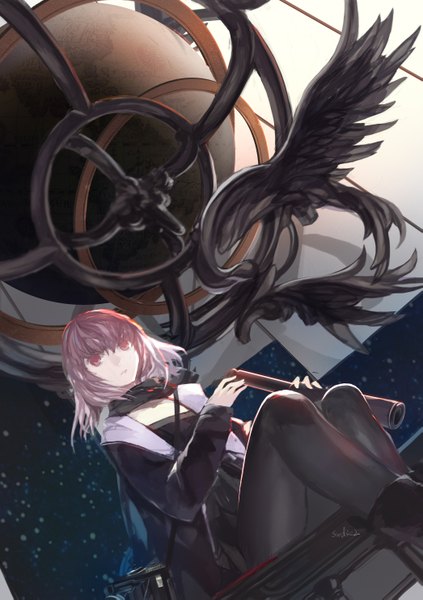 Anime picture 1045x1483 with original pixiv fantasia pixiv fantasia fallen kings paradise (character) swd3e2 single tall image looking at viewer short hair sitting silver hair pink eyes girl dress pantyhose black pantyhose scarf camera spyglass