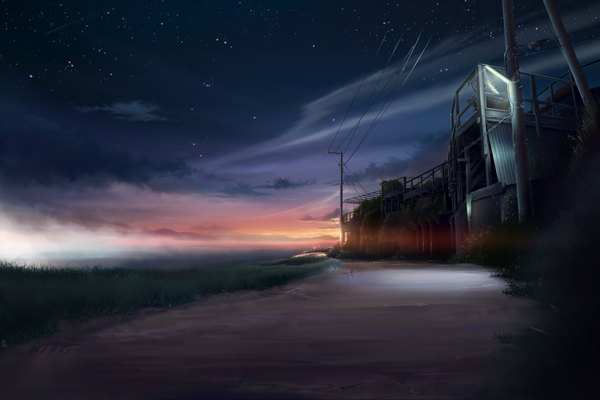 Anime picture 1800x1200 with original living (artist) highres cloud (clouds) night sky evening sunset no people landscape scenic lake twilight plant (plants) tree (trees) water star (stars) grass wire (wires) power lines