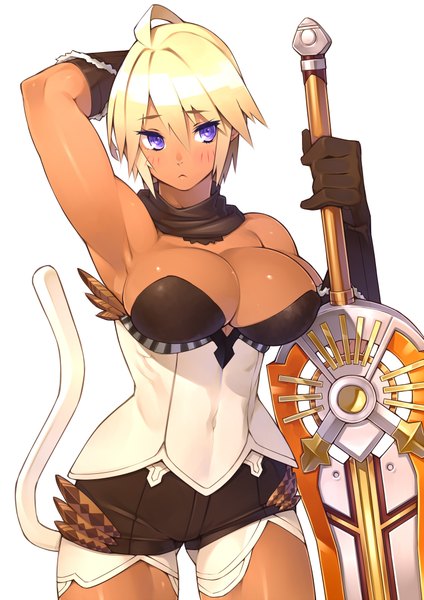 Anime picture 1446x2046 with original real xxiii's dark skinned girl 23 (real xxiii) single tall image blush short hair breasts light erotic simple background blonde hair large breasts white background purple eyes girl gloves weapon sword