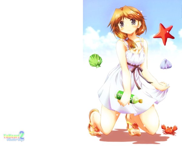 Anime picture 1280x1024 with to heart 2 leaf (studio) komaki ikuno tamaki (diarie inaiinaibaa) single long hair blush brown hair looking away full body grey eyes wallpaper copyright name sleeveless kneeling low ponytail girl dress white dress sundress