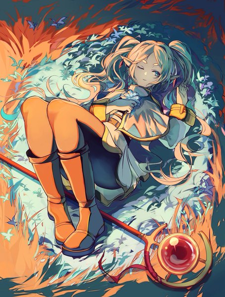 Anime picture 2877x3800 with sousou no frieren frieren vexki- single long hair tall image highres blue eyes light erotic twintails looking away silver hair full body lying one eye closed pointy ears on back elf girl flower (flowers)