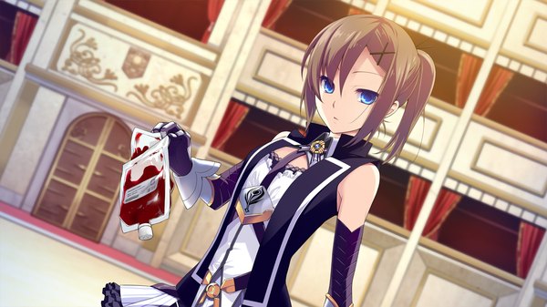 Anime picture 1280x720 with kimi to boku to no kishi no hibi: rakuen no chevalier looking at viewer short hair blue eyes brown hair wide image game cg girl dress gloves elbow gloves blood