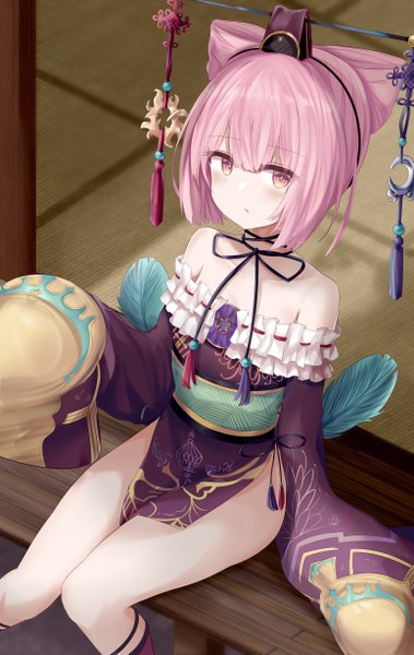 Anime picture 3100x4900 with atelier (series) atelier sophie gust (company) cornelia (atelier) ru zhai single tall image looking at viewer blush fringe highres short hair light erotic sitting bare shoulders brown eyes pink hair absurdres traditional clothes parted lips