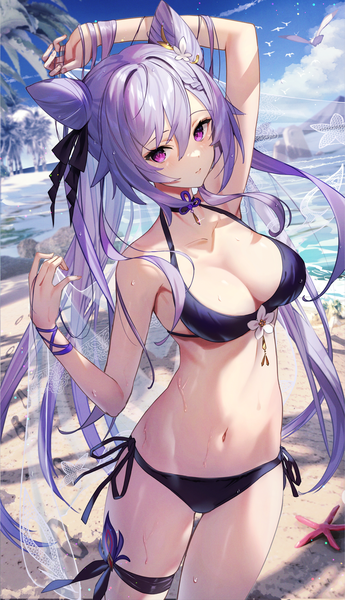 Anime picture 1436x2500 with genshin impact keqing (genshin impact) scottie (phantom2) single long hair tall image looking at viewer blush fringe breasts light erotic hair between eyes large breasts standing purple eyes twintails sky cleavage purple hair cloud (clouds)