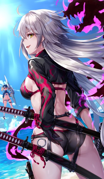 Anime picture 2450x4210 with fate (series) fate/grand order artoria pendragon (all) jeanne d'arc (fate) (all) jeanne d'arc alter (fate) jeanne d'arc alter (swimsuit berserker) (fate) mysterious heroine xx (foreigner) katoroku long hair tall image looking at viewer blush fringe highres breasts open mouth blue eyes light erotic blonde hair hair between eyes