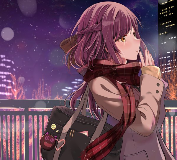 Anime picture 1504x1360 with idolmaster idolmaster shiny colors oosaki amana cac itinose single long hair yellow eyes looking away purple hair upper body outdoors long sleeves profile sleeves past wrists half updo girl ribbon (ribbons) hair ribbon scarf school bag