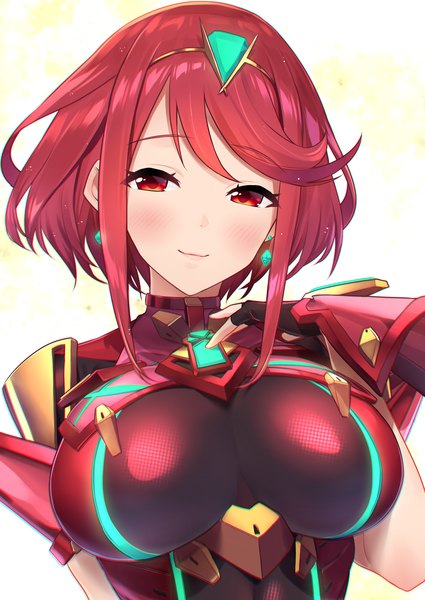 Anime picture 2507x3541 with xenoblade xenoblade 2 pyra (xenoblade) baffu single tall image looking at viewer highres short hair breasts light erotic red eyes large breasts payot upper body red hair light smile girl gloves earrings