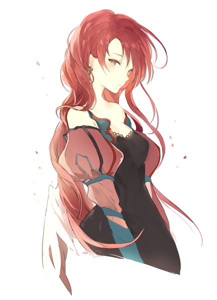 Anime-Bild 712x984 mit original lpip single long hair tall image looking at viewer blush fringe breasts simple background hair between eyes white background bare shoulders brown eyes cleavage upper body red hair puffy sleeves expressionless hair over shoulder