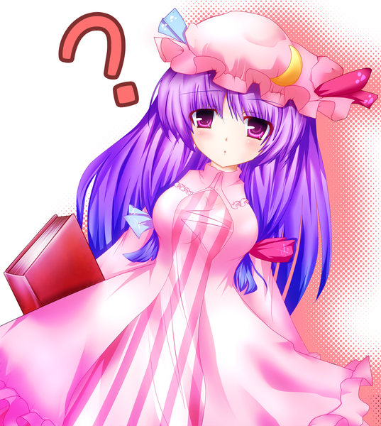 Anime picture 1220x1364 with touhou patchouli knowledge yanagi ryou (artist) single long hair tall image purple eyes purple hair ? girl dress book (books) bonnet