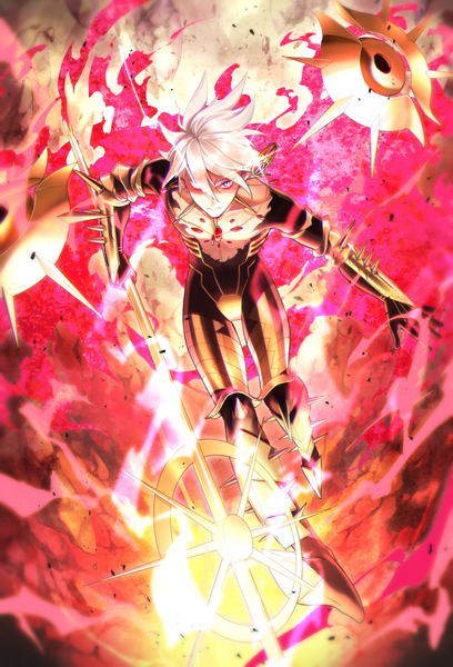 Anime picture 697x1025 with fate (series) fate/apocrypha karna (fate) noes single tall image looking at viewer short hair blue eyes full body white hair from above boy weapon single earring spikes