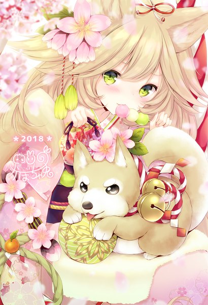 Anime-Bild 621x908 mit original kabocha usagi single long hair tall image looking at viewer blush fringe blonde hair holding green eyes animal ears traditional clothes japanese clothes hair flower cherry blossoms eating new year cute 2018