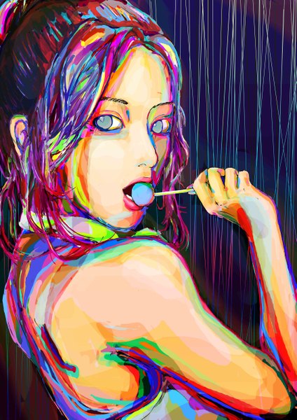 Anime picture 3508x4961 with original miyano kensuke single long hair tall image highres blue eyes absurdres ponytail looking back multicolored hair sleeveless lipstick multicolored girl lollipop