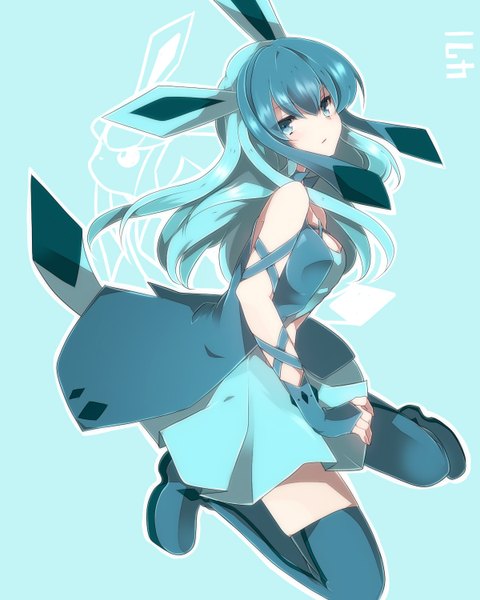 Anime picture 1200x1500 with pokemon moemon nintendo glaceon takeshima eku single long hair tall image looking at viewer blue eyes simple background bare shoulders animal ears blue hair tail animal tail multicolored hair two-tone hair blue background gen 4 pokemon