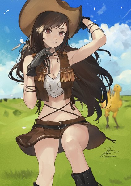 Anime picture 1061x1500 with final fantasy final fantasy vii square enix tifa lockhart chocobo fadingz single long hair tall image blush fringe breasts light erotic black hair red eyes standing bare shoulders signed looking away sky