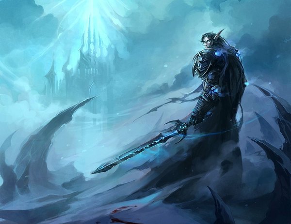 Anime picture 1024x791 with world of warcraft blizzard entertainment blood elf single long hair blue eyes sky pointy ears snow elf boy weapon sword armor blood skull castle thorns