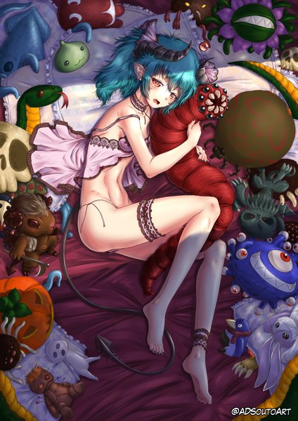 Anime picture 1240x1754 with original adsouto single tall image looking at viewer short hair breasts open mouth light erotic signed payot tail lying nail polish barefoot horn (horns) pointy ears aqua hair orange eyes hug