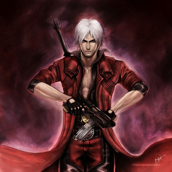 イラスト 1000x1000 と デビル メイ クライ dante (devil may cry) ninjatic ソロ カメラ目線 短い髪 holding white hair open clothes open jacket open shirt dark background silver eyes 男性 手袋 武器 シャツ 剣 ジャケット 銃砲