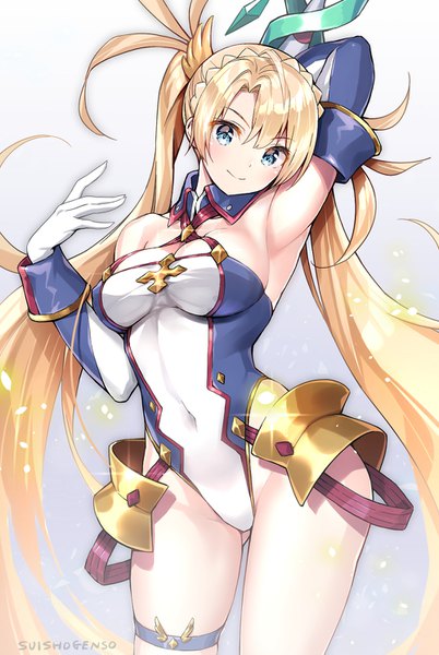 Anime picture 1000x1493 with fate (series) fate/grand order bradamante (fate/grand order) suishougensou single tall image looking at viewer blush fringe breasts blue eyes light erotic simple background blonde hair smile hair between eyes standing twintails bare shoulders holding