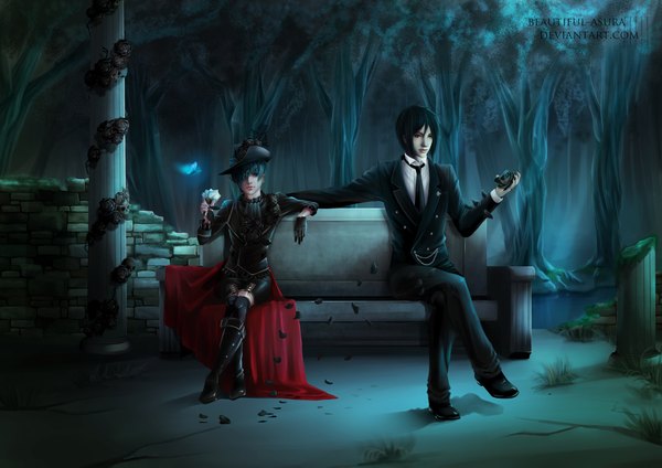 Anime picture 4092x2893 with kuroshitsuji a-1 pictures sebastian michaelis ciel phantomhive highres short hair black hair red eyes sitting absurdres realistic multiple boys butler aristocrat boy gloves flower (flowers) hat necktie insect