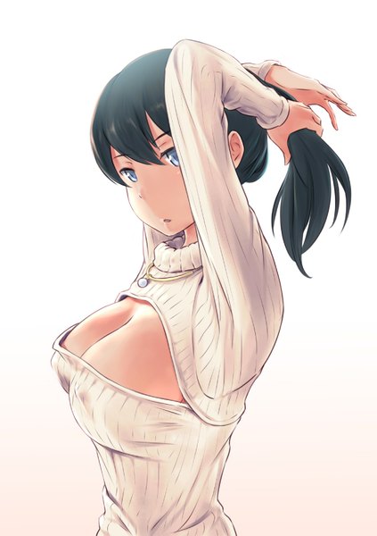 Anime picture 1223x1736 with kantai collection kaga aircraft carrier wa (genryusui) single long hair tall image looking at viewer breasts light erotic black hair simple background large breasts cleavage ponytail grey eyes side ponytail cleavage cutout hairdressing girl sweater