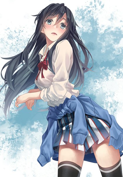 Anime picture 561x800 with yahari ore no seishun love comedy wa machigatteiru. brains base (studio) yukinoshita yukino yasuno (airy light) single long hair tall image looking at viewer blush open mouth blue eyes black hair zettai ryouiki girl thighhighs skirt miniskirt shirt bowtie