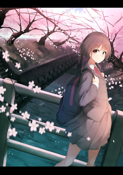 Anime picture 1157x1637 with original waterdog single tall image looking at viewer blush short hair smile brown hair brown eyes pleated skirt cherry blossoms letterboxed walking river spring girl skirt uniform plant (plants)