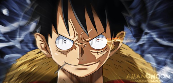 Anime picture 6380x3070 with one piece toei animation monkey d. luffy amanomoon single looking at viewer fringe highres short hair black hair smile wide image holding signed absurdres black eyes coloring mouth hold scar face