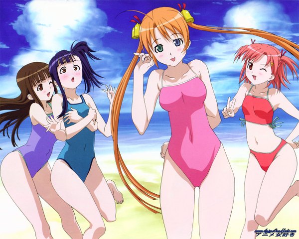 Anime picture 1280x1024 with mahou sensei negima! kagurazaka asuna konoe konoka sakurazaki setsuna sasaki makie light erotic swimsuit