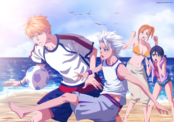 Anime picture 1500x1050 with bleach studio pierrot kurosaki ichigo kuchiki rukia inoue orihime hitsugaya toushirou aagito short hair open mouth blue eyes black hair smile multiple girls brown eyes sky cloud (clouds) white hair ponytail orange hair midriff