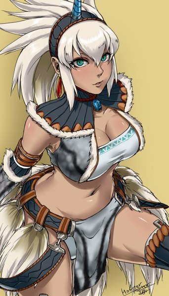 Anime picture 800x1400 with monster hunter kirin (armor) non (nonzile) single long hair tall image looking at viewer breasts light erotic simple background large breasts white hair horn (horns) aqua eyes girl navel