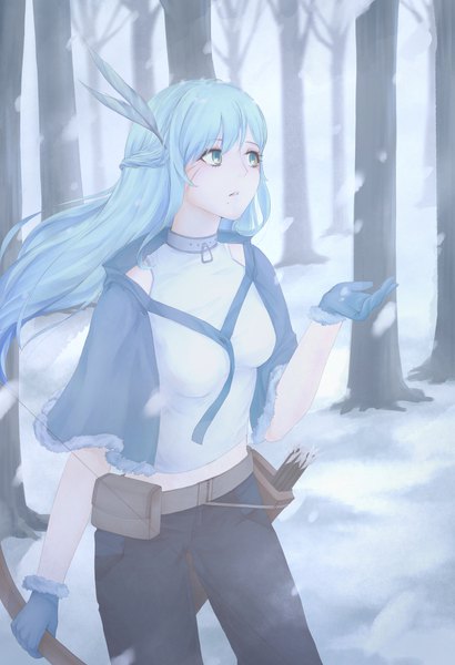 Anime picture 1315x1920 with original muti single long hair tall image fringe blue eyes hair between eyes standing holding blue hair looking away outdoors braid (braids) parted lips wind short sleeves fur trim snowing winter