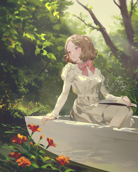 Anime picture 3200x4000 with persona 5 persona okumura haru fajyobore single tall image fringe highres short hair red eyes brown hair sitting looking away absurdres outdoors long sleeves parted lips sunlight blurry arm support