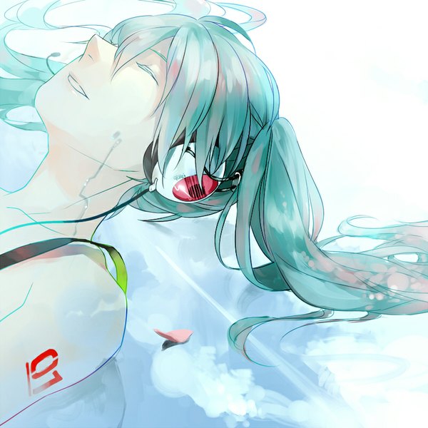 Anime picture 800x800 with vocaloid hatsune miku coralstone single long hair twintails bare shoulders sky cloud (clouds) lying eyes closed light smile aqua hair tears reflection girl petals headphones wire (wires)