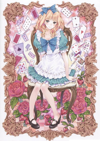 Anime picture 2742x3831 with alice in wonderland traditional white (artbook) alice (wonderland) kishida mel single tall image looking at viewer blush highres short hair blue eyes blonde hair smile sitting frilled dress polka dot girl dress flower (flowers) bow