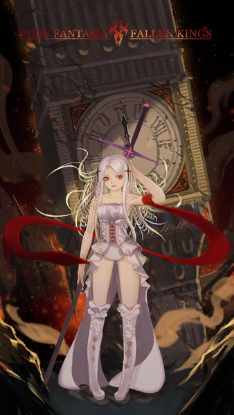 Anime picture 1200x2131 with original pixiv fantasia pixiv fantasia fallen kings quaanqin single long hair tall image looking at viewer red eyes white hair drill hair girl dress weapon sword thigh boots clock tower clock tower