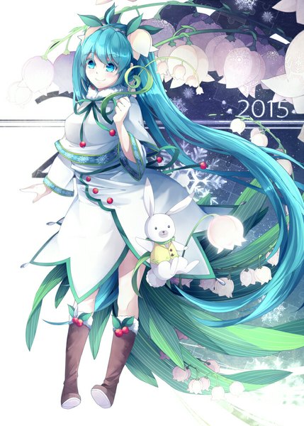 Anime picture 715x1000 with vocaloid hatsune miku yuki miku yuki miku (2015) lyodi (artist) single tall image blush blue eyes smile twintails blue hair very long hair girl dress hair ornament flower (flowers) boots