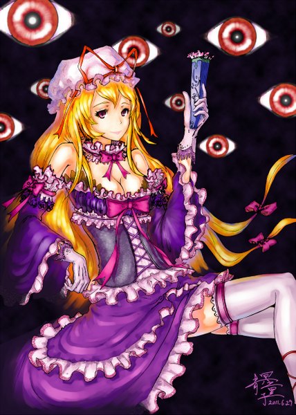 Anime picture 1750x2450 with touhou yakumo yukari qingmingtongzi tall image looking at viewer highres breasts light erotic blonde hair smile red eyes purple eyes bare shoulders cleavage thighhighs dress gloves ribbon (ribbons) white thighhighs hat ribbon