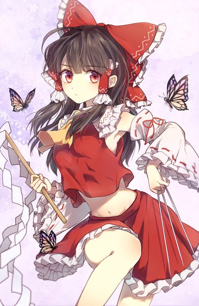 Anime picture 634x972 with touhou hakurei reimu yurami kohaku single long hair tall image looking at viewer fringe breasts red eyes brown hair holding ahoge bent knee (knees) traditional clothes japanese clothes wide sleeves arms up midriff miko